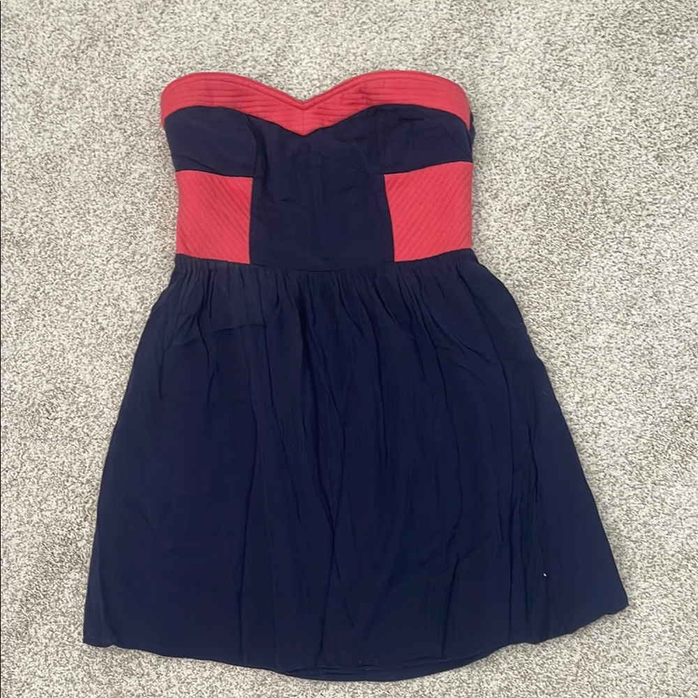 Casual Coral and Navy Blue Strapless Dress